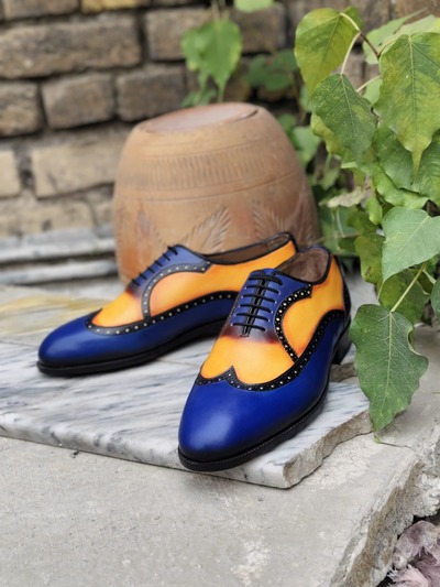 Crafted Leather Handmade Men Blue Yellow Calf Leather Oxford Wingtip Lace up Dress Shoes