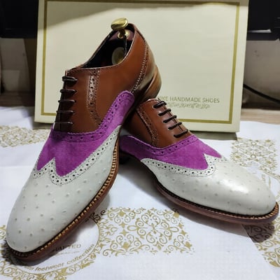 Crafted leather handmade men tri tone leather white ostrich pink suede brown oxford dress shoes - Thumbnail 3