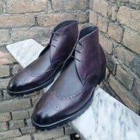 Crafted Leather Handmade Men Purple Black Grain Leather Classic Chukka Boot - Thumbnail 1