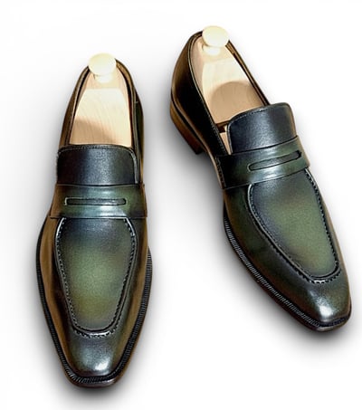 Crafted Leather Handmade Men Green Leather Loafers Dress Shoes