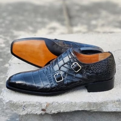 Crafted Leather Handmade Men Black Crocodile/Alligator Leather Monk Strap Dress Shoes
