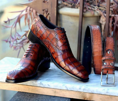 Crafted Leather Handmade Men Brown Crocodile Leather Alligator Dress Shoes with Matching Belt