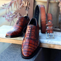 Crafted Leather Handmade Men Brown Crocodile Leather Alligator Dress Shoes with Matching Belt - Thumbnail 1