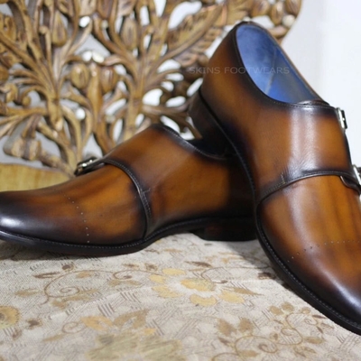 Crafted leather handmade men brown patina leather dress shoes - Thumbnail 2