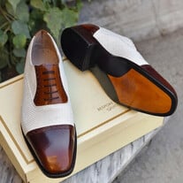 Crafted Leather Luxury Handmade Mens White Fabric Brown Leather Dress Shoes