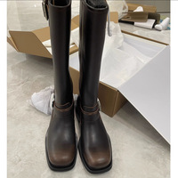 Distressed Long Boots Belt Buckle High-Top Casual not Over-the-Knee Knight Boots for Women - Thumbnail 3