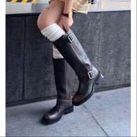 Distressed Long Boots Belt Buckle High-Top Casual not Over-the-Knee Knight Boots for Women - Thumbnail 4
