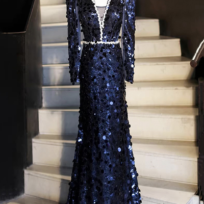 Navy sequins long sleeve evening party dress