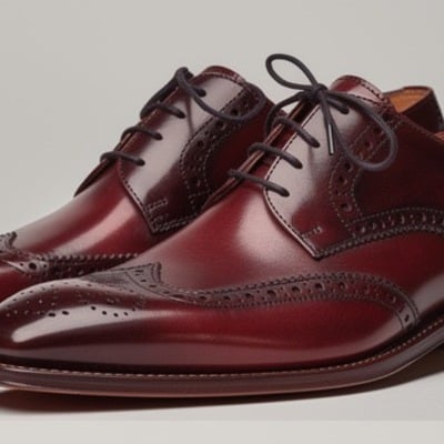 Crafted leather mens classic burgundy patina leather brogue wingtip dress lace up shoes - Thumbnail 1