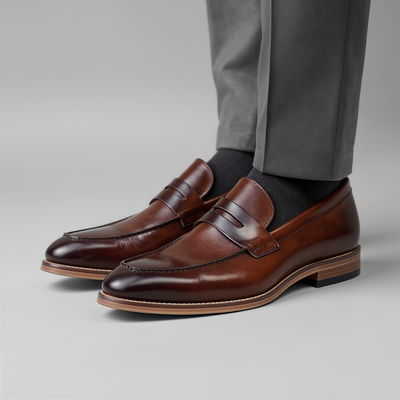 Crafted leather mens classic brown leather moccasin loafers dress shoes - Thumbnail 2