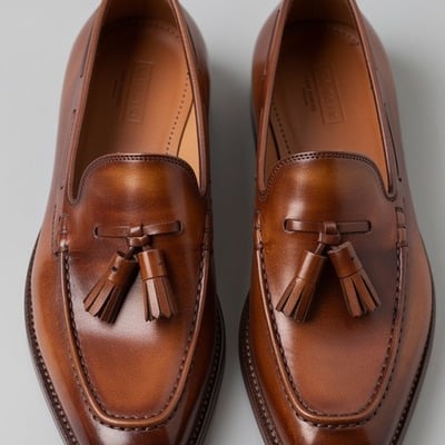 Crafted leather mens classic brown patina leather tassel loafer dress shoes - Thumbnail 1