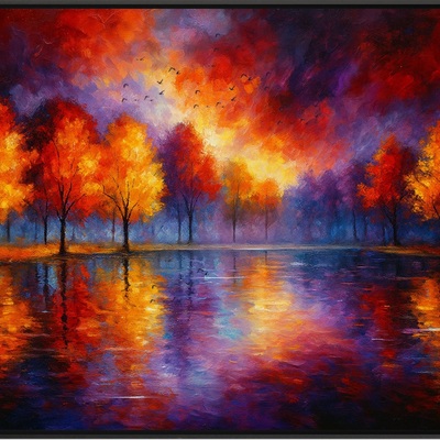 Autumn blaze reflections - vibrant forest sunset landscape painting