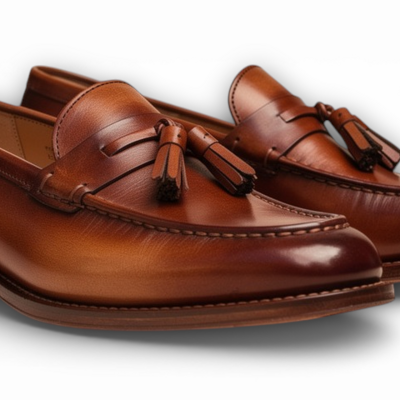 Crafted leather mens classic brown patina leather tassel loafer dress shoes - Thumbnail 1