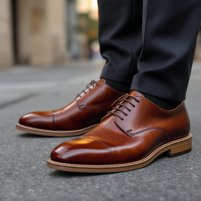 Crafted leather mens classic brown leather wholecut oxford lace up dress shoes - Thumbnail 1