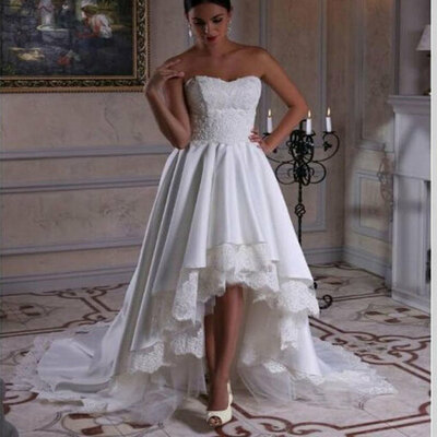 Strapless hi low wedding dresses bridal gown with lace,1983