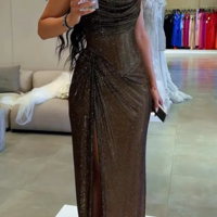 One Shoulder Ruched Slit Glitter Evening Gowns  - Thumbnail 1