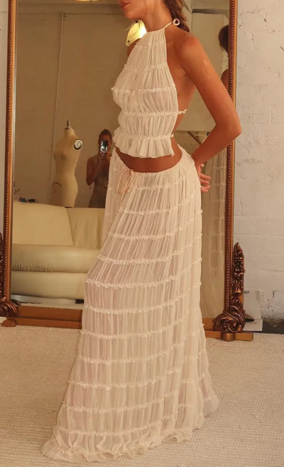 Vintage Charm Pleated Tiered Maxi Dress Fashion Dress