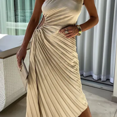 Romantic one shoulder satin raised flower elastic cutout pleated evening dress - Thumbnail 1