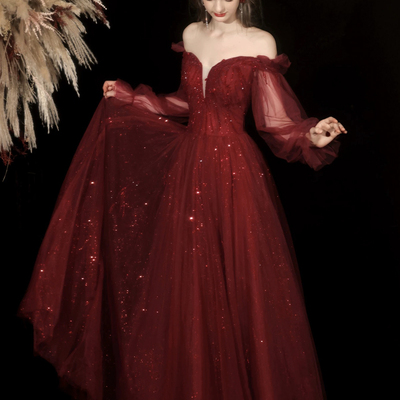 Burgundy a-line long seeve tulle prom party dress