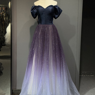 Ombre purple glitter tulle gown off shoulder navy satin bodice formal dress