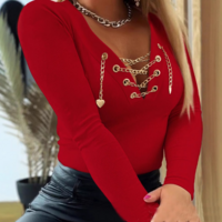 V-Neck Chain Slim Long Sleeved Top - Thumbnail 1