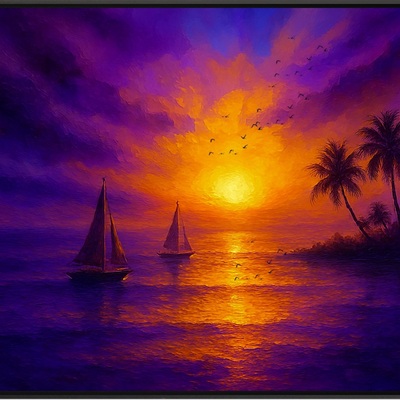 Ocean ember - tropical sunset with sailboats