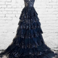 Charming Navy Blue Lace Split Prom Dresses - Thumbnail 2