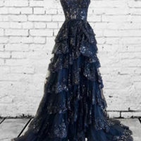 Charming Navy Blue Lace Split Prom Dresses - Thumbnail 1