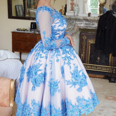 Tea length long sleeve ball gown appliques prom dresses - Thumbnail 2