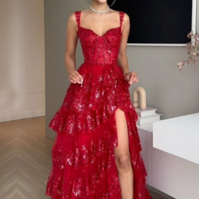 A-line tiered red lace prom dresses - Thumbnail 3