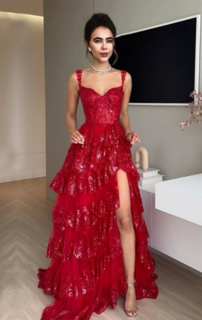 A-line Tiered Red Lace Prom Dresses
