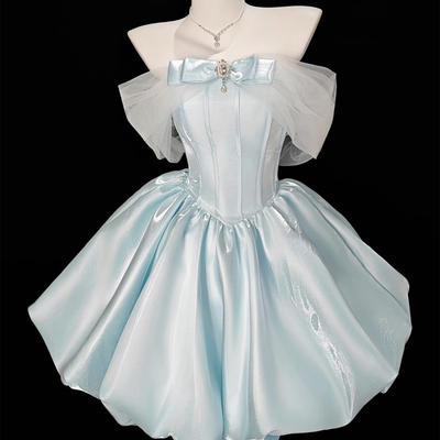 Blue satin a-line short/mini prom party dress