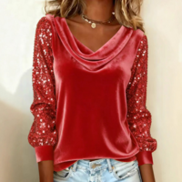 Solid Color Fashion Sequin Spliced Long Sleeved T-Shirt Top - Thumbnail 1