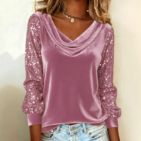 Solid Color Fashion Sequin Spliced Long Sleeved T-Shirt Top - Thumbnail 2