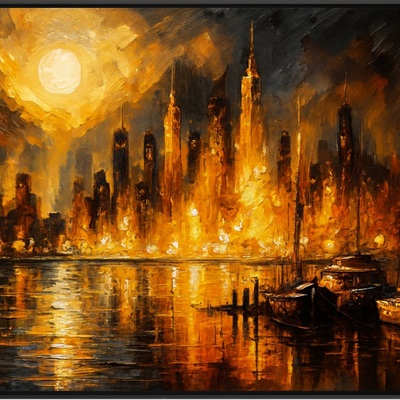 Moonfire skyline - fiery cityscape under full moon