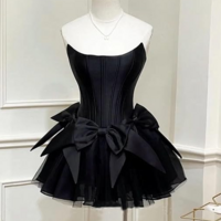 A-Line Sleeveless Black Satin Mini Homecoming Dress - Thumbnail 1