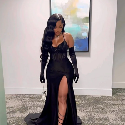 Mermaid black stain lace evening dress with beading - Thumbnail 1