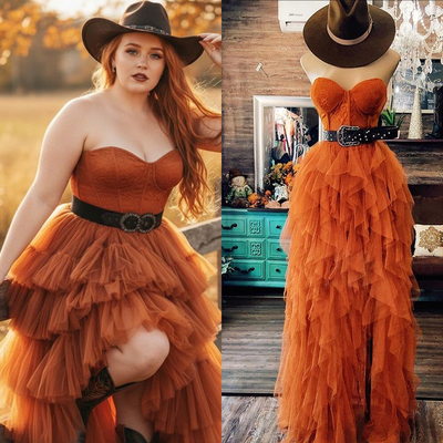 Vintage Burnt Organe Prom Dresses Slit Side