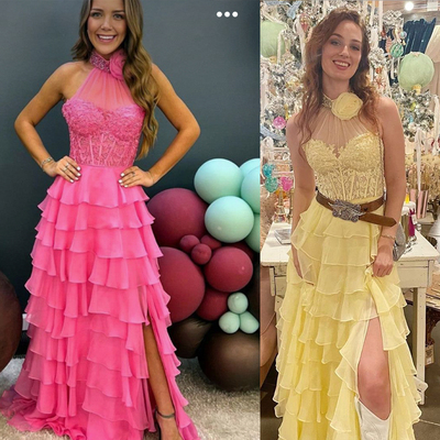 Halter Prom Dresses with Handmade Flower