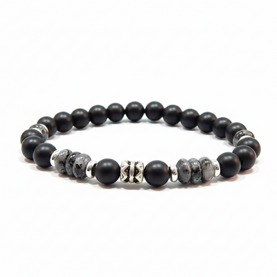 Larvikite & matte black chalcedony men’s bracelet – protection, focus & modern strength