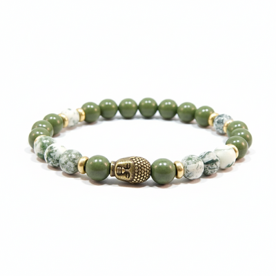 Tree agate & green serpentine men’s bracelet with brass buddha – harmony, protection & inner peace