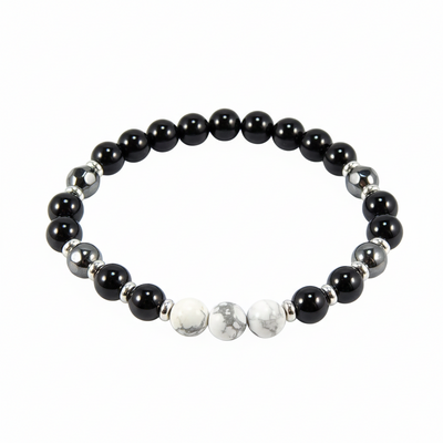 Howlite, hematite & black chalcedony men’s bracelet – strength, calm & grounded confidence