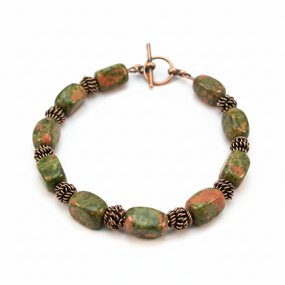 Unakite gemstone & copper coil bracelet – harmony, renewal & earthy energy