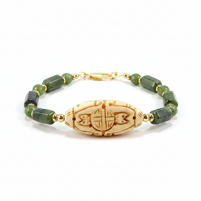 Nephrite jade gemstone & bone bracelet – protection, harmony & ancient earth energy