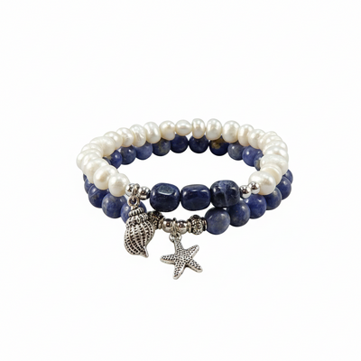 Freshwater pearl & sodalite stacking bracelets – wisdom, elegance & inner calm