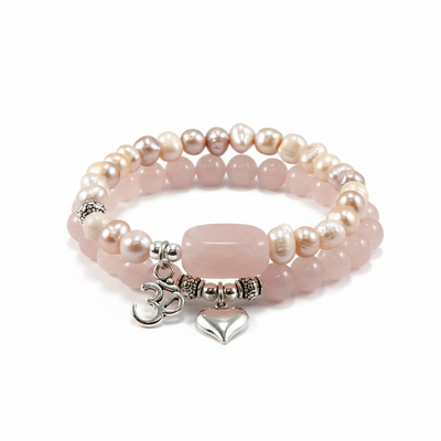 Freshwater pearl & rose quartz stacking bracelets – love, elegance & heart healing