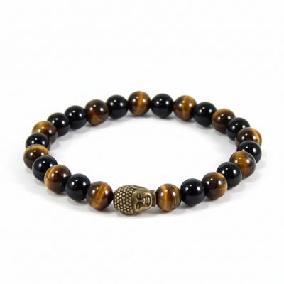 Tiger eye & black obsidian bracelet with bronze buddha – strength, protection & spiritual focus