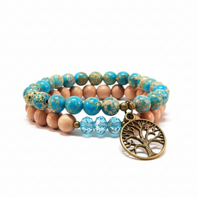 Turquoise impression jasper & rosewood bracelet with tree of life – peace, growth & natural balance