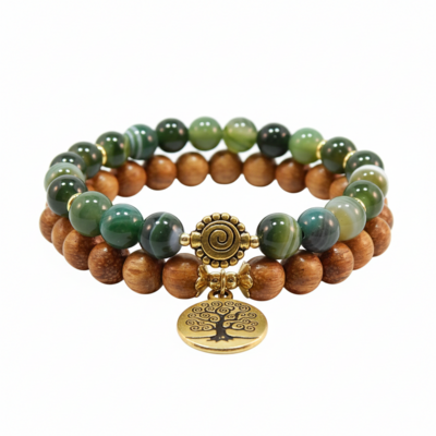 Green stripe agate & bayong wood bracelet with tree of life – balance, growth & natural harmony