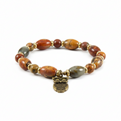 Picasso jasper & brass stretch bracelet with owl charm – wisdom, creativity & earth magic